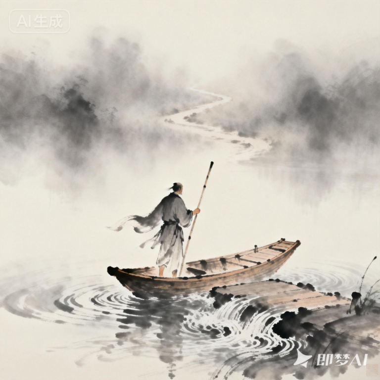 画中渔夫独自划船